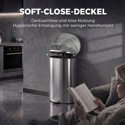 Soft-Close Pedal Bin 30 L with Removable Inner Bucket, Silver, Stay-Open Lid