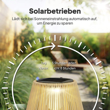 Solární zahradní lampa, ratan, automatické zap/vyp, 3500K teplé světlo