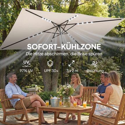 Solar LED Patio Umbrella, Cream, UPF 30+, Tilt & Crank