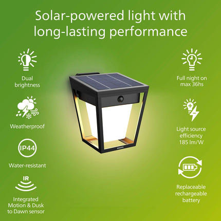 Solární LED nástěnné světlo, dvojí jas, černá, IP44