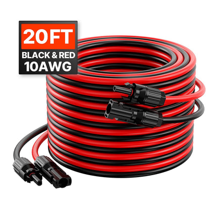 Solar Panel Extension Cable 20ft 10AWG MC4 Connectors, Pair