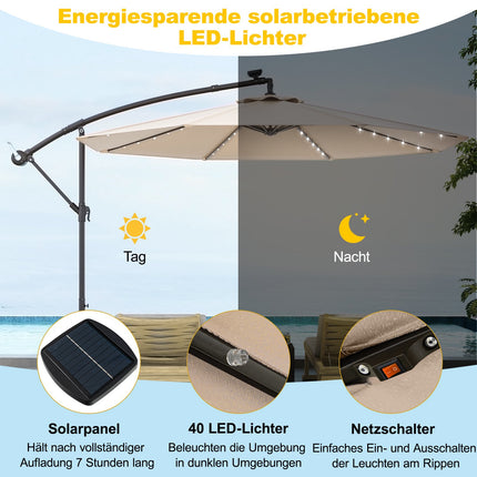 Solární zahradní slunečník s 40 LED světly, béžová, 300 cm