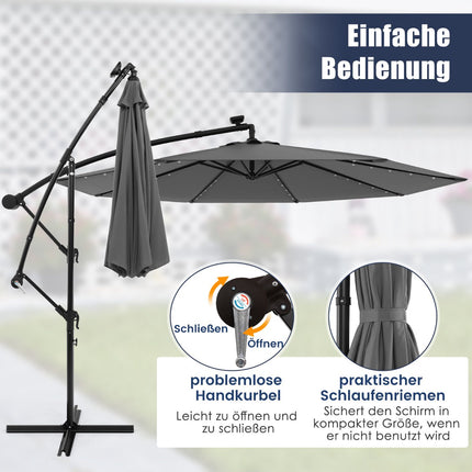 Solární výkyvný slunečník, 300 cm, 40 LED světel, šedá
