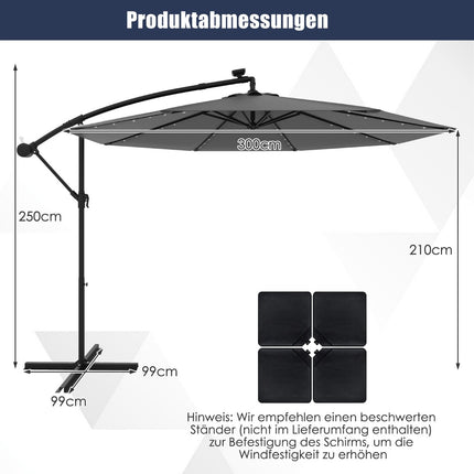 Solární výkyvný slunečník, 300 cm, 40 LED světel, šedá
