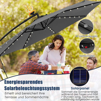 Solární výkyvný slunečník, 300 cm, 40 LED světel, šedá