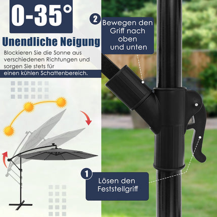 Solární výkyvný slunečník, 300 cm, 40 LED světel, šedá