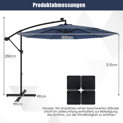 Solární zahradní slunečník s LED světly, námořnická modrá