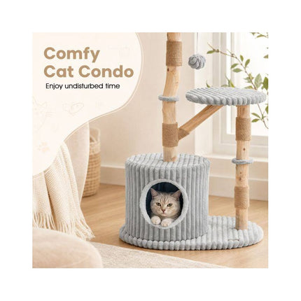 Solid Wood Cat Tree with Real Branches and Scratching Posts, 41 Inch, Grey