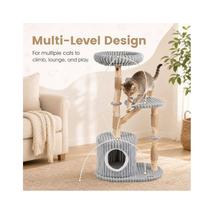 Solid Wood Cat Tree with Real Branches and Scratching Posts, 41 Inch, Grey