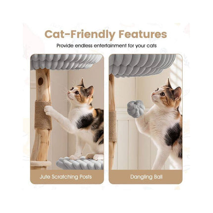 Solid Wood Cat Tree with Real Branches and Scratching Posts, 41 Inch, Grey