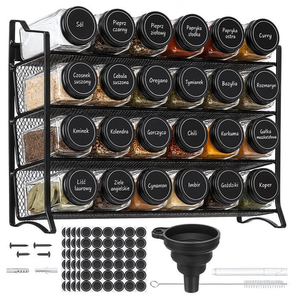 Spice Rack Organiser with 28 Glass Jars and 4 Tiers, Wall-Mountable, Black