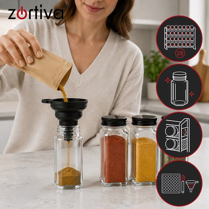 Spice Rack Organiser with 28 Glass Jars and 4 Tiers, Wall-Mountable, Black