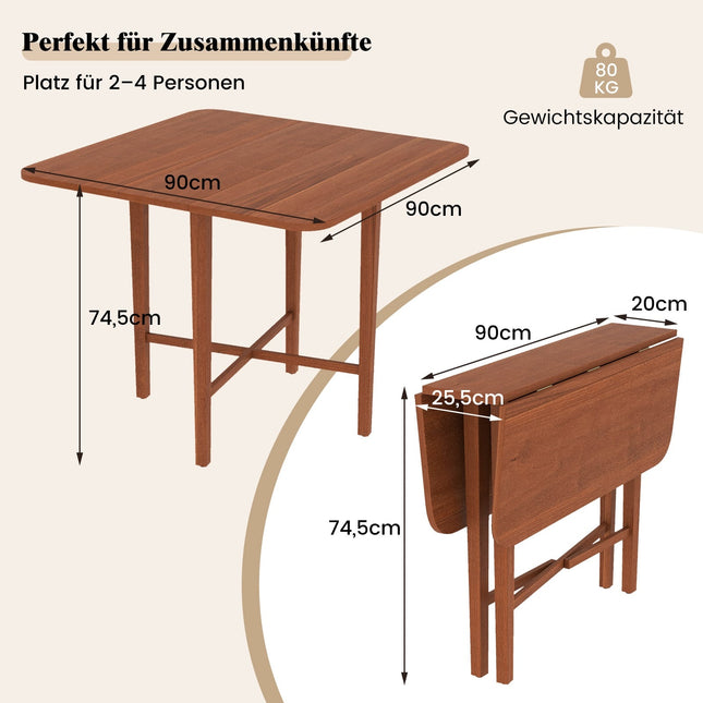 Quadratischer Klapp-Esstisch für 2-4 Personen, braunes Holz, platzsparend