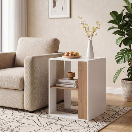 Square White Wooden Side Table with 2 Shelves, 45x45x60 cm