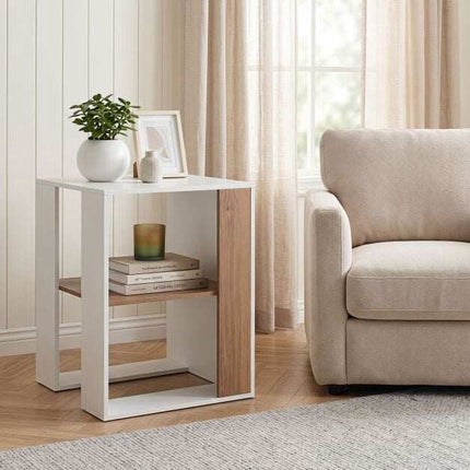 Square White Wooden Side Table with 2 Shelves, 45x45x60 cm