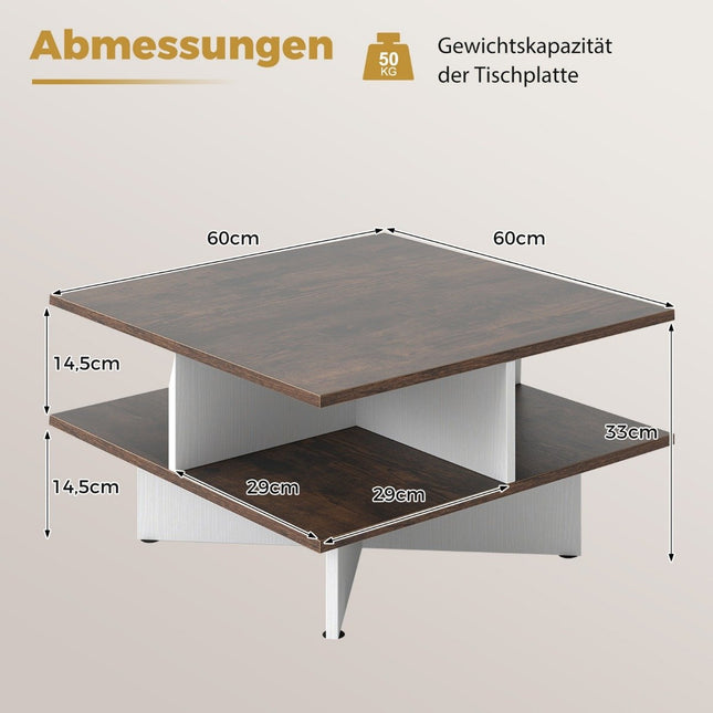 Square Wooden Coffee Table with 4 Storage Shelves, Rustic Brown