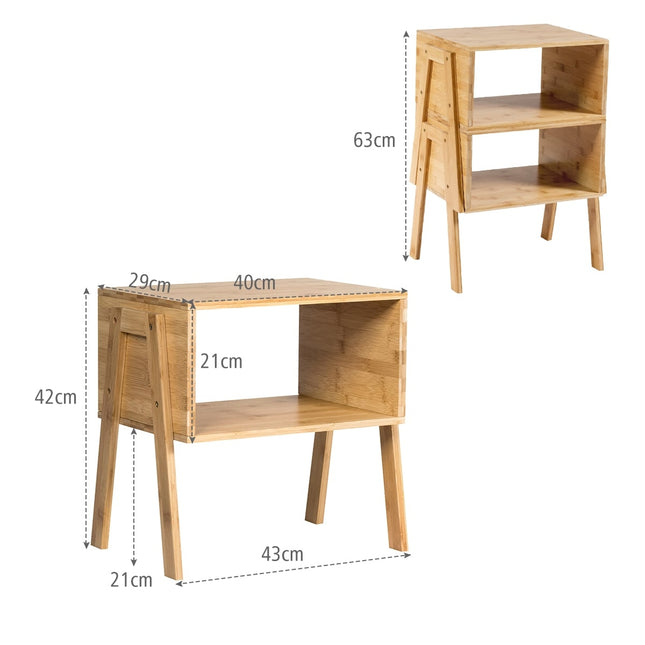 Stapelbare bamboe nachtkastjesset met open plank, 2-delig