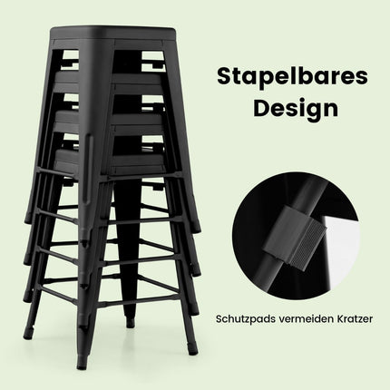 Stohovatelné kovové barové stoličky, černé, sada 4 ks, 61cm, nosnost 150kg