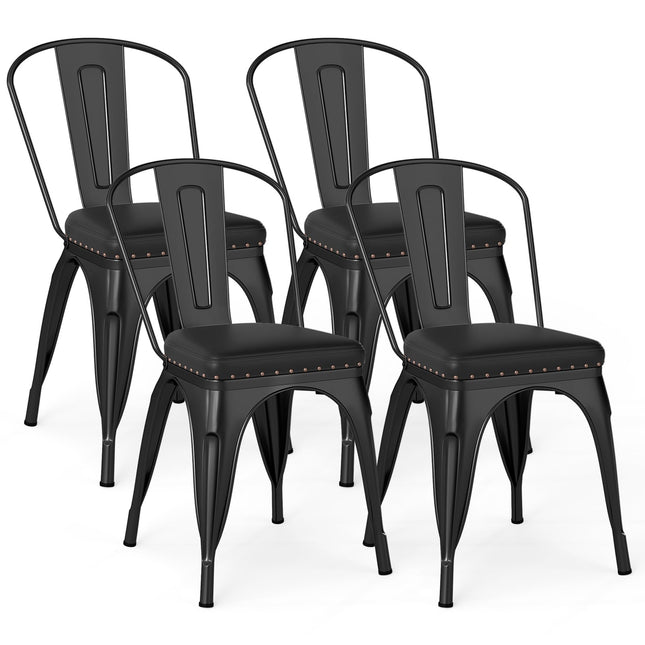 Stapelbare zwarte metalen eetkamerstoelen, set van 4, met gewatteerde zittingen.