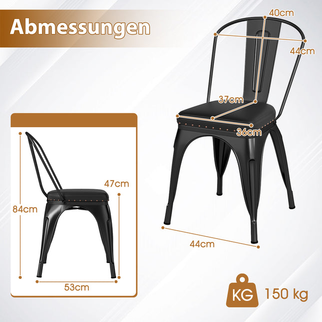 Stapelbare zwarte metalen eetkamerstoelen, set van 4, met gewatteerde zittingen.