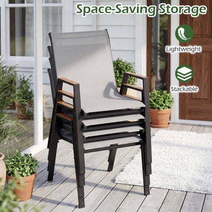 Stackable Garden Chairs Set of 6 in Teslin Fabric, Grey, Wood-Plastic Armrests