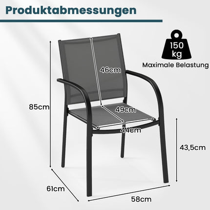 Stackable Outdoor Chairs, Set of 2, Metal & Textilene, Gray