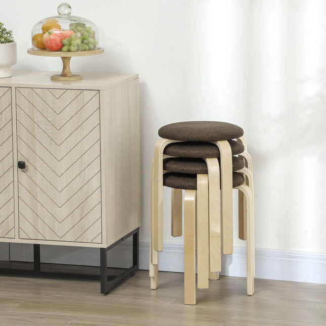 Stapelbare gestoffeerde krukjes, set van 4, houten poten, bruin