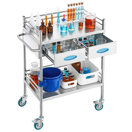 Stainless Steel Lab Cart, 2-Tier, 2 Drawers, Locking Wheels