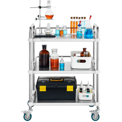 Stainless Steel Lab Rolling Cart, 3-Shelf, Locking Casters
