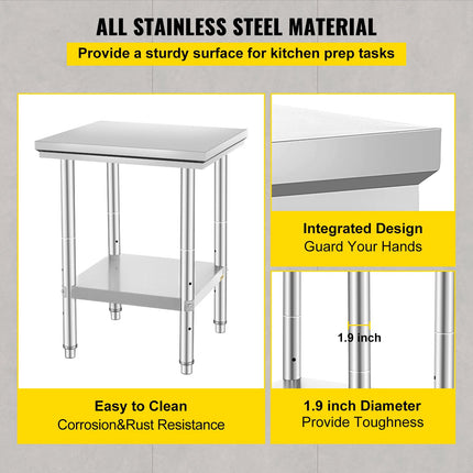 Stainless Steel Prep Table 24 x 24 in, 700 lb, Adjustable