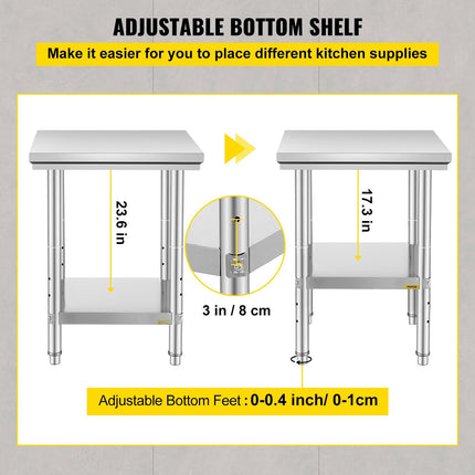 Stainless Steel Prep Table 24 x 24 in, 700 lb, Adjustable