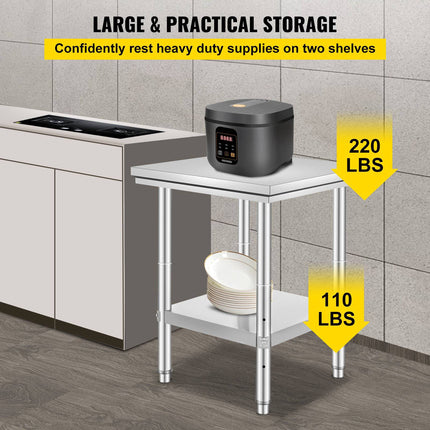Stainless Steel Prep Table 24 x 24 in, 700 lb, Adjustable