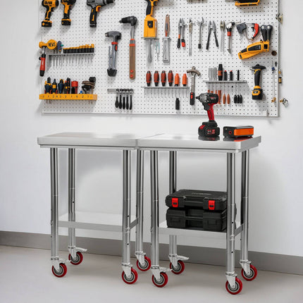Stainless Steel Work Table 24 x 18 in, Wheels, Adjustable Shelf