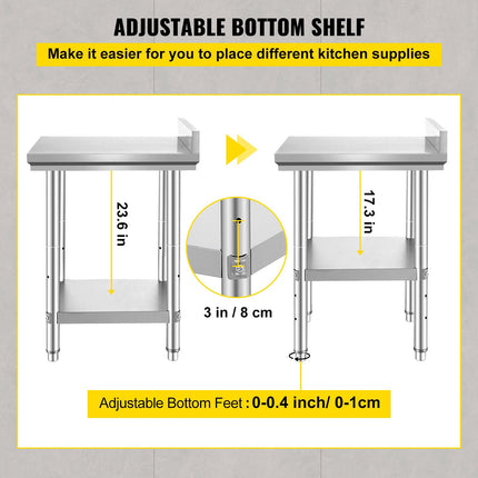 Stainless Steel Work Table 24x24, Adjustable Shelf, Backsplash