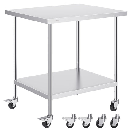 Stainless Steel Work Table 30 x 18 x 38 in, Wheels, Adjustable Shelf