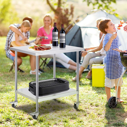 Stainless Steel Work Table 30 x 18 x 38 in, Wheels, Adjustable Shelf