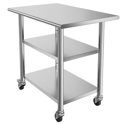 Stainless Steel Work Table, 36x24 in, 2 Shelves, Wheels