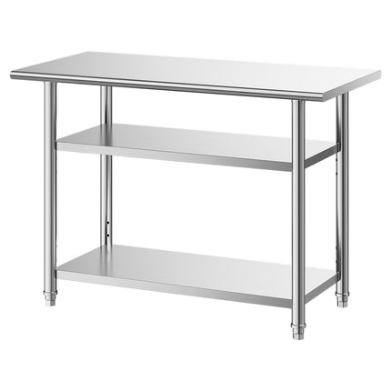 Stainless Steel Work Table 48x24 in, 2 Shelves, Hooks