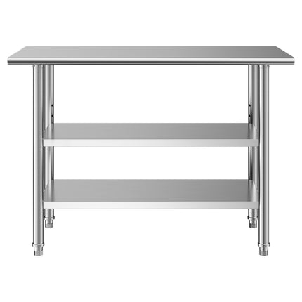 Stainless Steel Work Table 48x24 in, 2 Shelves, Hooks