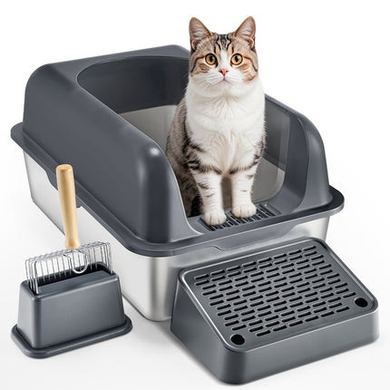 Stainless Steel XL Cat Litter Box, High Sides, Scoop