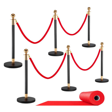 Stanchion Post Set, 6 Posts, 4 Velvet Ropes, Red Carpet