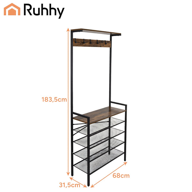 Staande plank met hanger - metalen frame, 4 planken, 5 haken