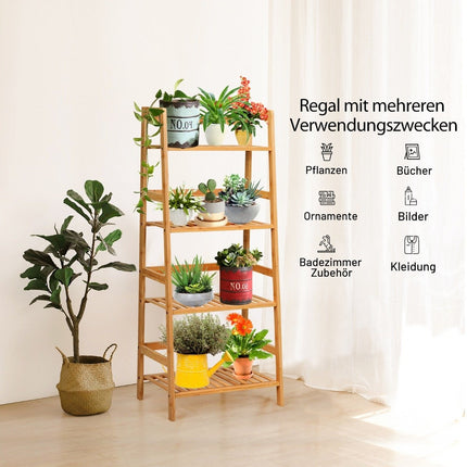 Stojací regál se 4 úrovněmi, žebříkový regál z bambusu, knihovna, regál na rostliny, balkonový regál, 48 x 32 x 115 cm, přírodní
