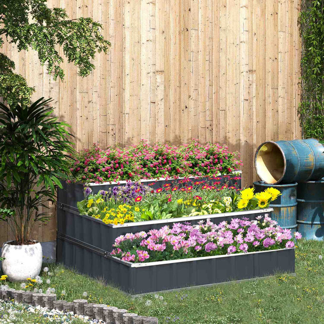 Steel 3-Tier Raised Garden Bed, T-Signs and Gloves, Dark Grey