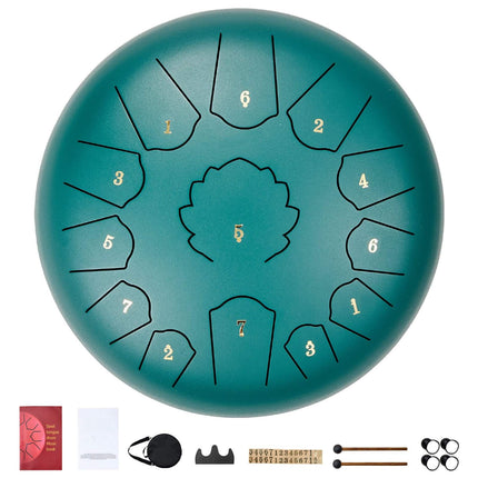Steel Tongue Drum 12 Inch, 13 Notes C Major, Green, Mallets, Carry Bag