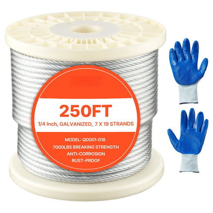 Steel Wire Rope, 1/4 In x 250 Ft, Galvanized, Gloves