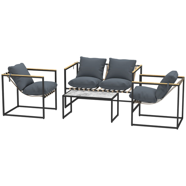 Stalen tuinmeubelset voor 4 personen, weerbestendige balkonmeubelset met 2 banken, 2 fauteuils, zitkussens, bijzettafel, buitenzitgroep, terrasmeubilair, tuinset voor tuin, terras, balkon, grijs