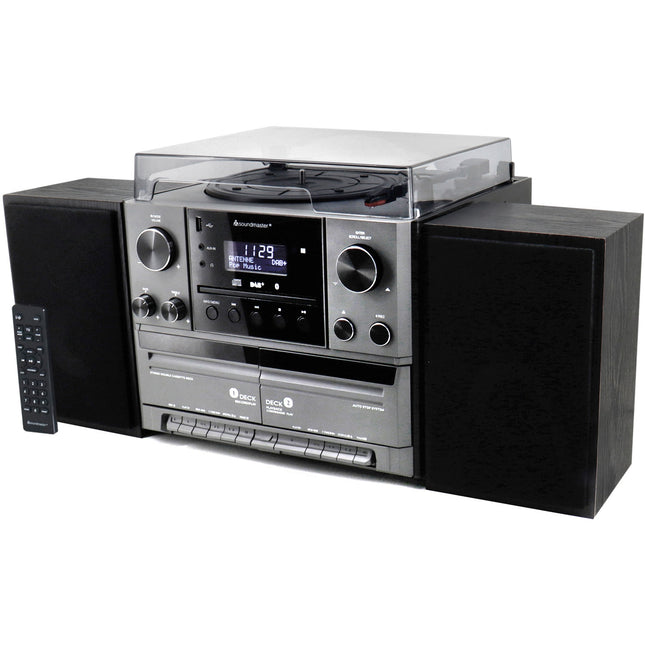 Stereo hudební centrum MCD5600 s DAB+/FM rádiem, CD/MP3, gramofonem, dvojitým kazetovým přehrávačem, USB, Bluetooth