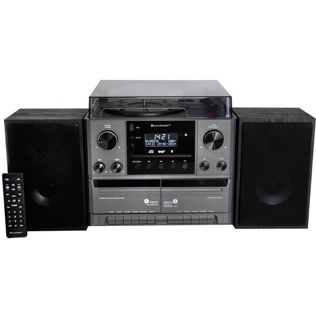 Stereo hudební centrum MCD5600 s DAB+/FM rádiem, CD/MP3, gramofonem, dvojitým kazetovým přehrávačem, USB, Bluetooth