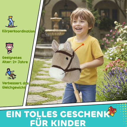 Koník na tyči se zvukem a kolečky, děti 24+ měsíců, šedá